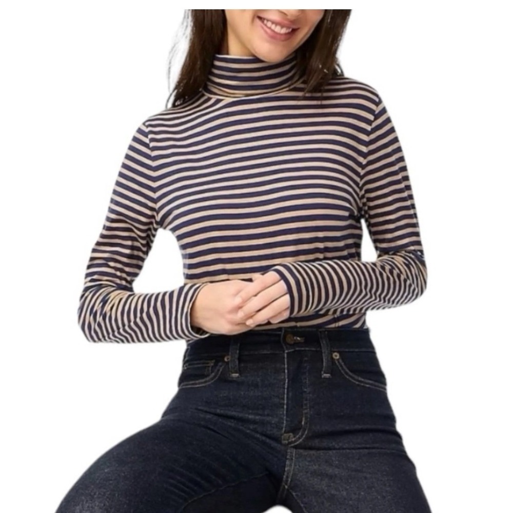 J.Crew Womens Striped Turtleneck Top Navy Blue Tan Cotton Long Sleeve XS BB750